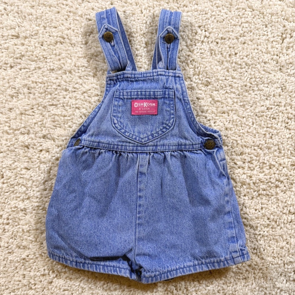 Vintage OshKosh Bgosh Girls Denim Pink Label Back Bow Shortalls 3T 90s Retro‎